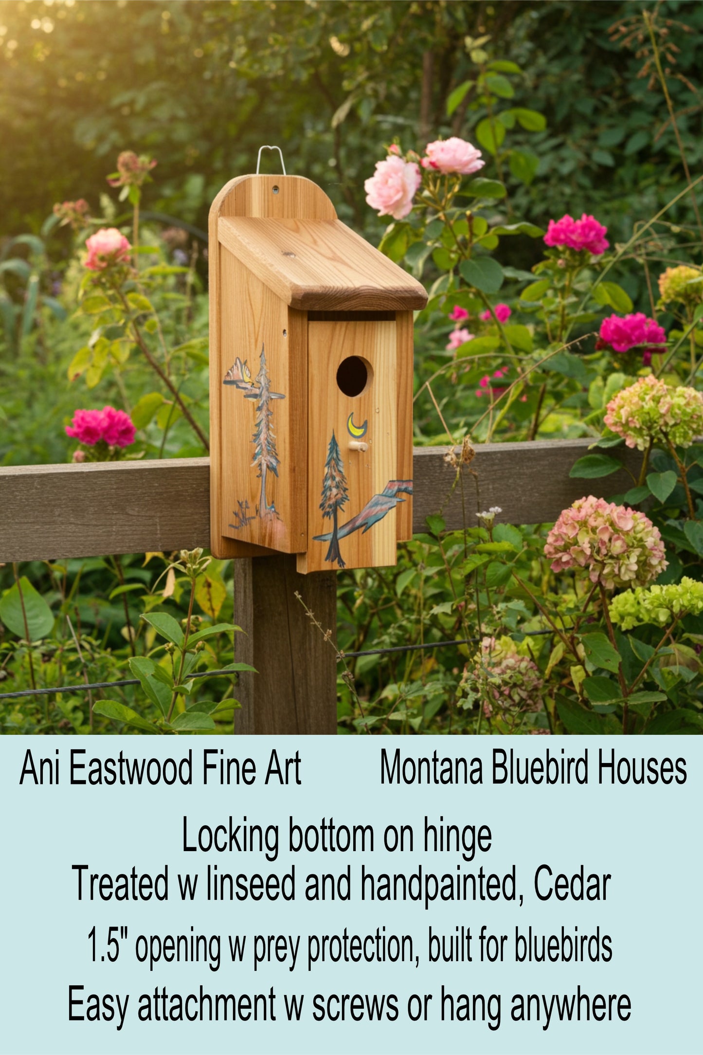 Handmade Cedar Bluebird Box, Flowers Design, Ani Eastwood