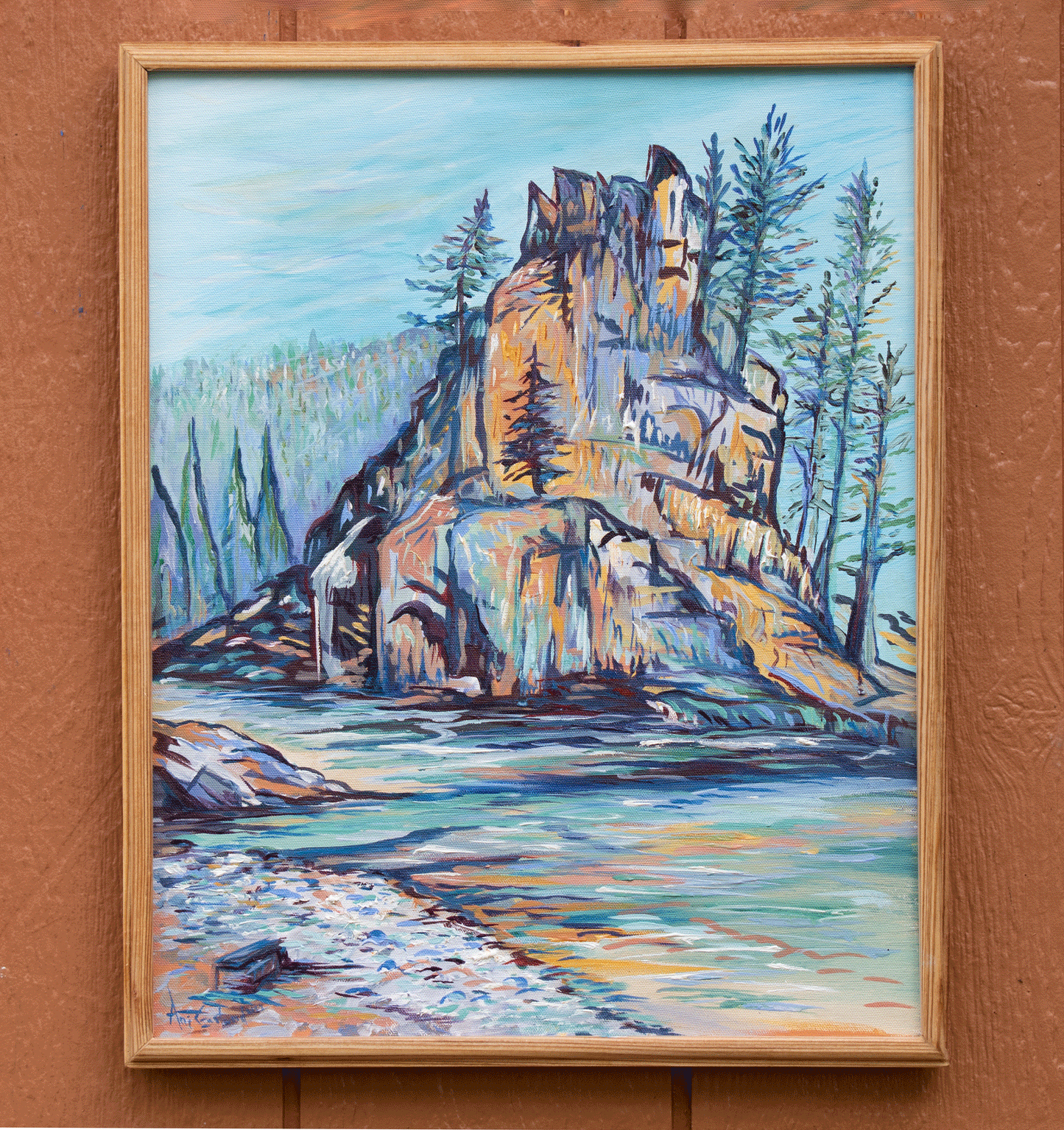 "Cliffs on the Blackfoot River" Original framed in Redwood, Ani Eastwood