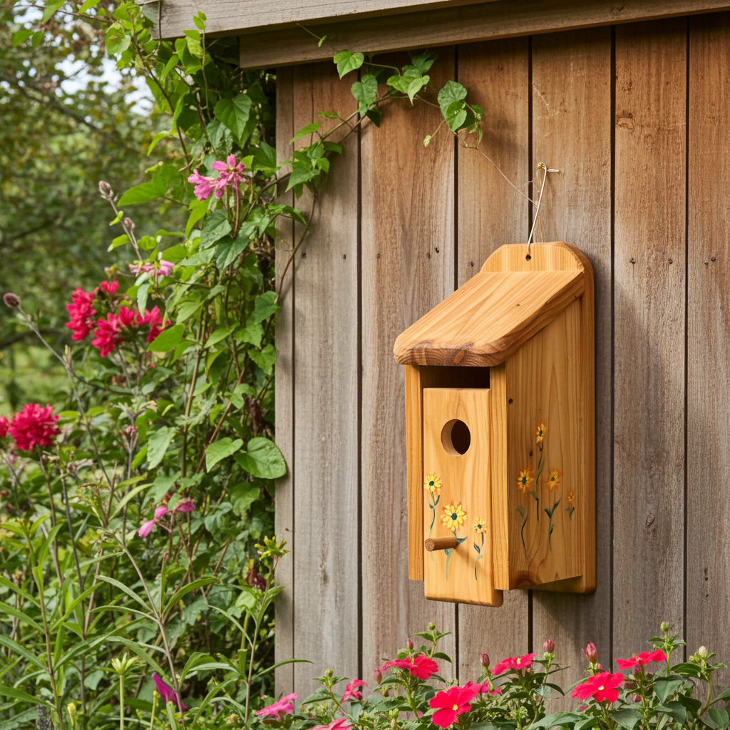 Handmade Cedar Bluebird Box, Flowers Design, Ani Eastwood
