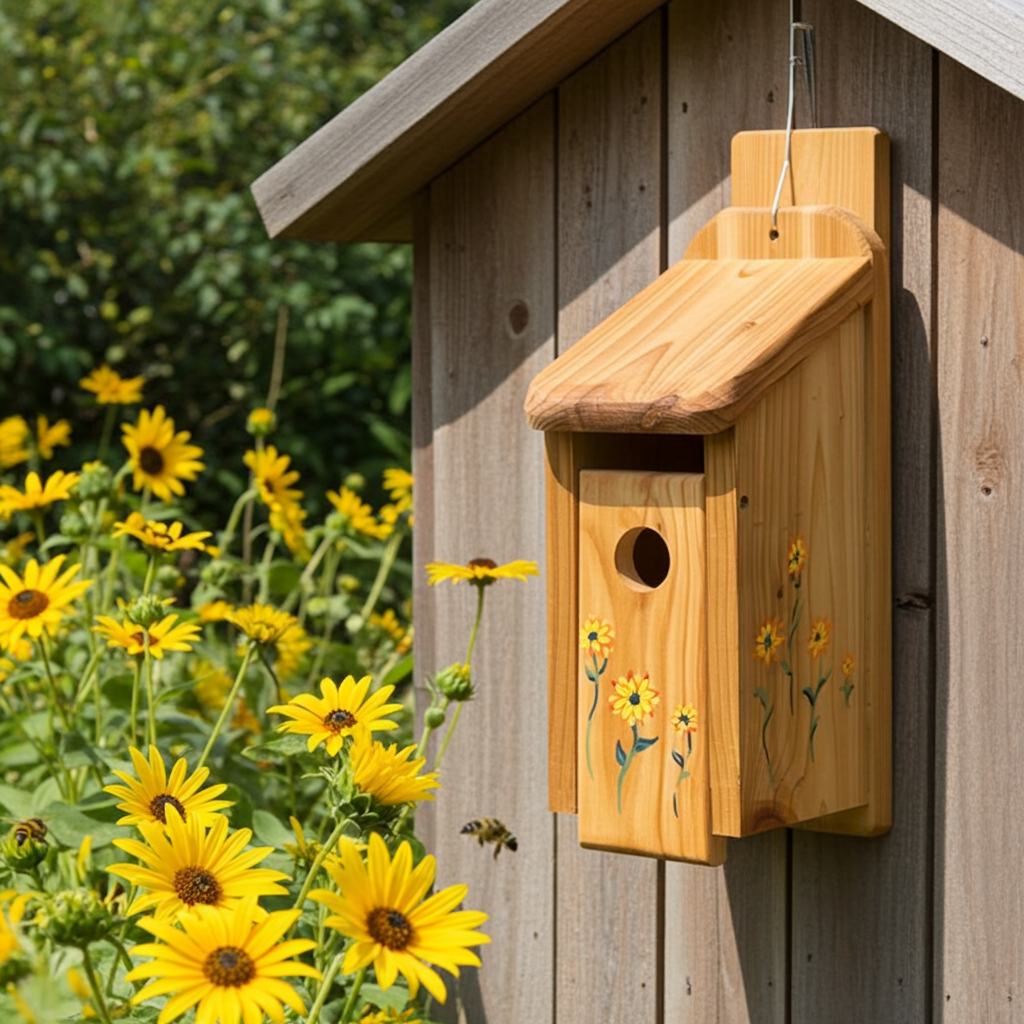 Handmade Cedar Bluebird Box, Flowers Design, Ani Eastwood